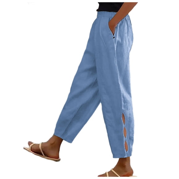 YFELWZ Pantalon d'Entraînement pour Femmes Décontracté Taille Élastique Mode Taille Haute Solide Quotidien Poche Latérale Bouton Ajouré Bleu G