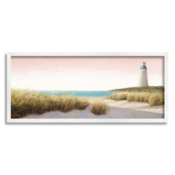 Stupell Industries Lighthouse & Pink Sunset Nature Painting White Framed Art Print Wall Art, 24 x 10