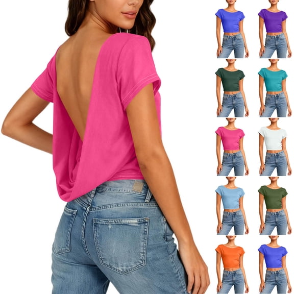 HomeDM Womens Short Sleeve Open Back Workout Shirts, Boat Neck Cropped Tops Gym Running Yoga T Shirts - Hot Pink/L