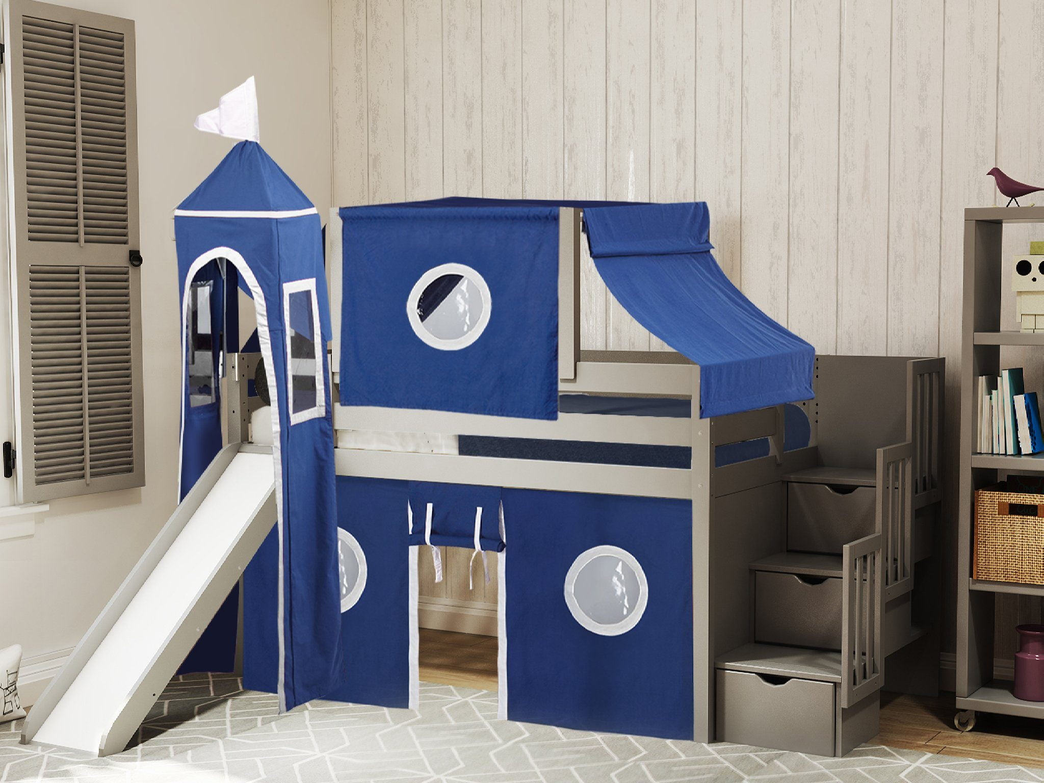 JACKPOT! Castle Low Loft Stairway Bed with Slide Blue & White Tent and