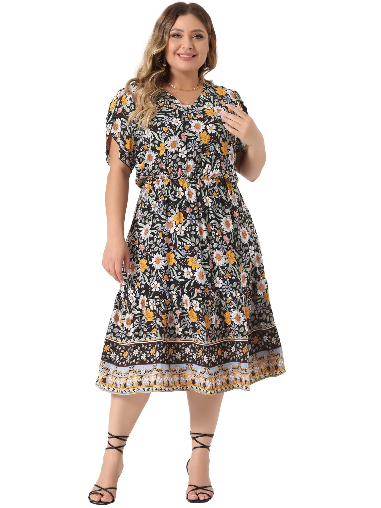 DARING DIVA Plus Size V Neck Short Sleeve Floral Midi Dress 4X Black