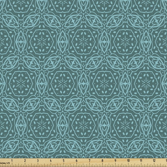 Oriental Fabric by the Yard, Creative Ornate Print of Flourishes Art Nouveau Details, Decorative Upholstery Fabric for Sofas and Home Accents, Petrol Blue Turquoise by Ambesonne