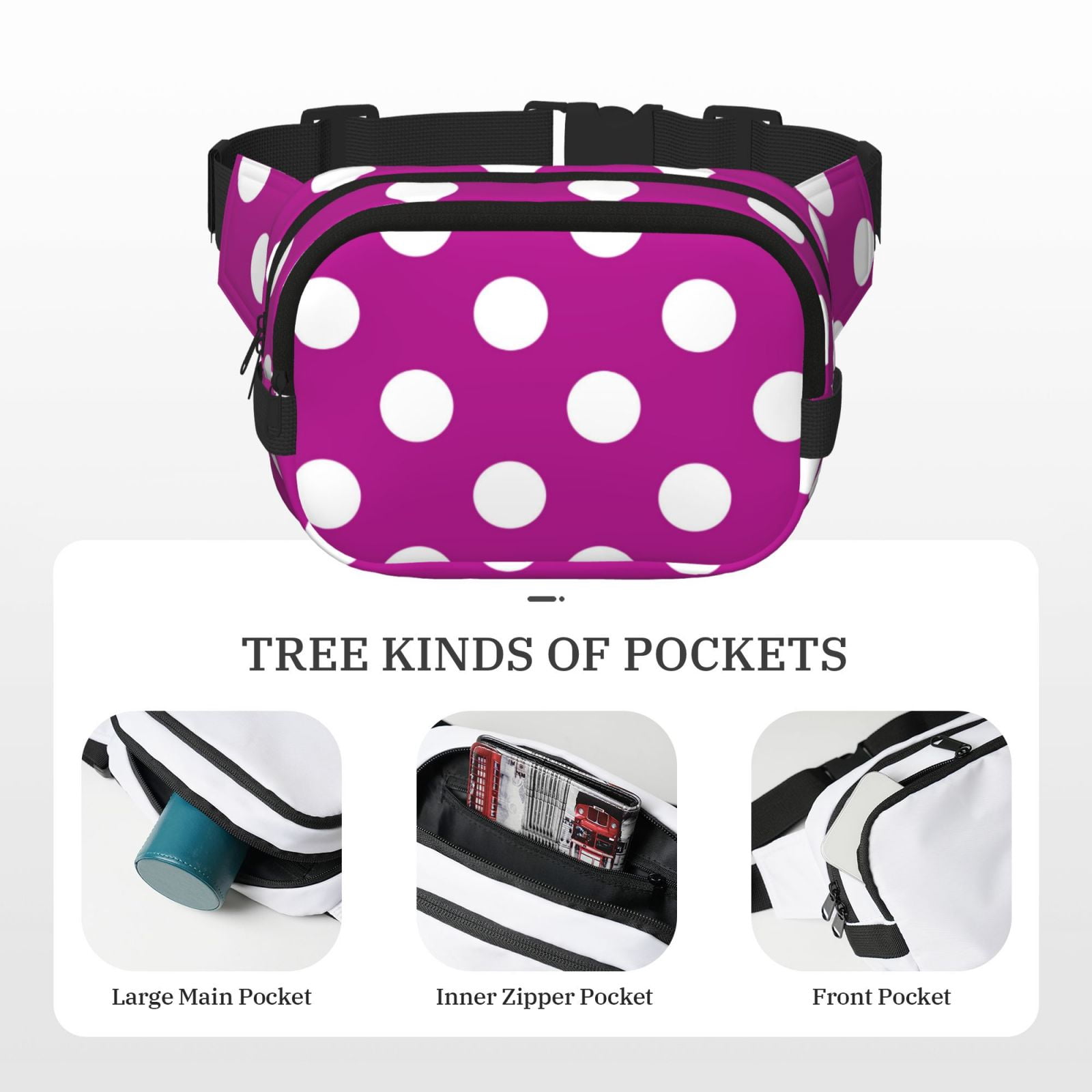 Hirioo Purlpe And White Polka Dot for Double Layer Waist Bag Adjustable Fanny Pack For Travel Running Hiking