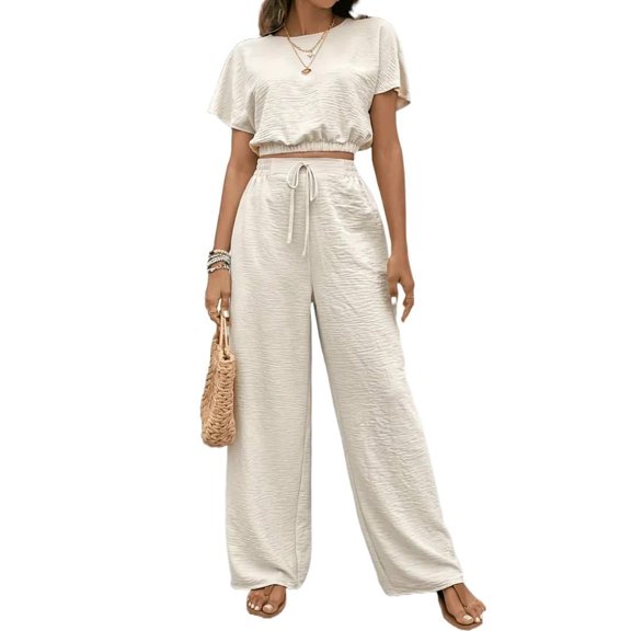 EASYBRA Womens Pants Suit Solid Color Casual Wear Organic Cotton Blend Two Piece Outfit Three Quarter Sleeve Long Pants S-XXL