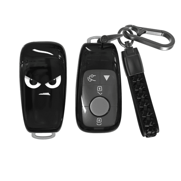Soopcase for Benz Key Fob Cover, Soft TPU Protective Shell with Leather Keychain Compatible with Mercedes Benz A/ C/ E/ G/ E/ S-Class AMG GT CLA CLS GLA GLB GLE GLS Smart Key Case(Black,2/4 Buttons)