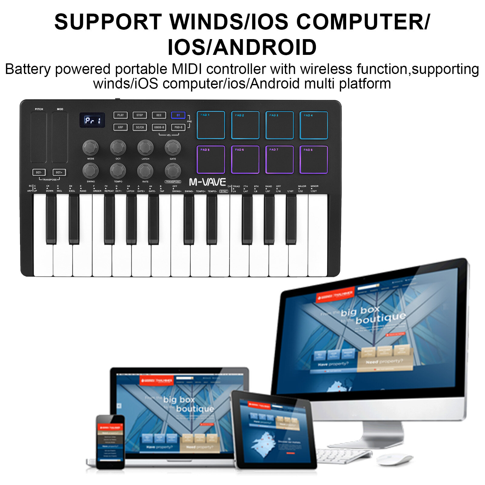 M-VAVE 25-Key MIDI Control Keyboard Mini Portable USB Keyboard MIDI Controller with 25 Velocity Sensitive Keys 8 RGB Backlit Pads 8 Knobs