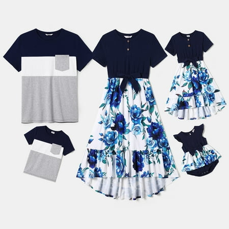 

PatPat Family Matching 95% Cotton Short-sleeve Colorblock T-shirts and Floral Print High Low Hem Spliced Dresses