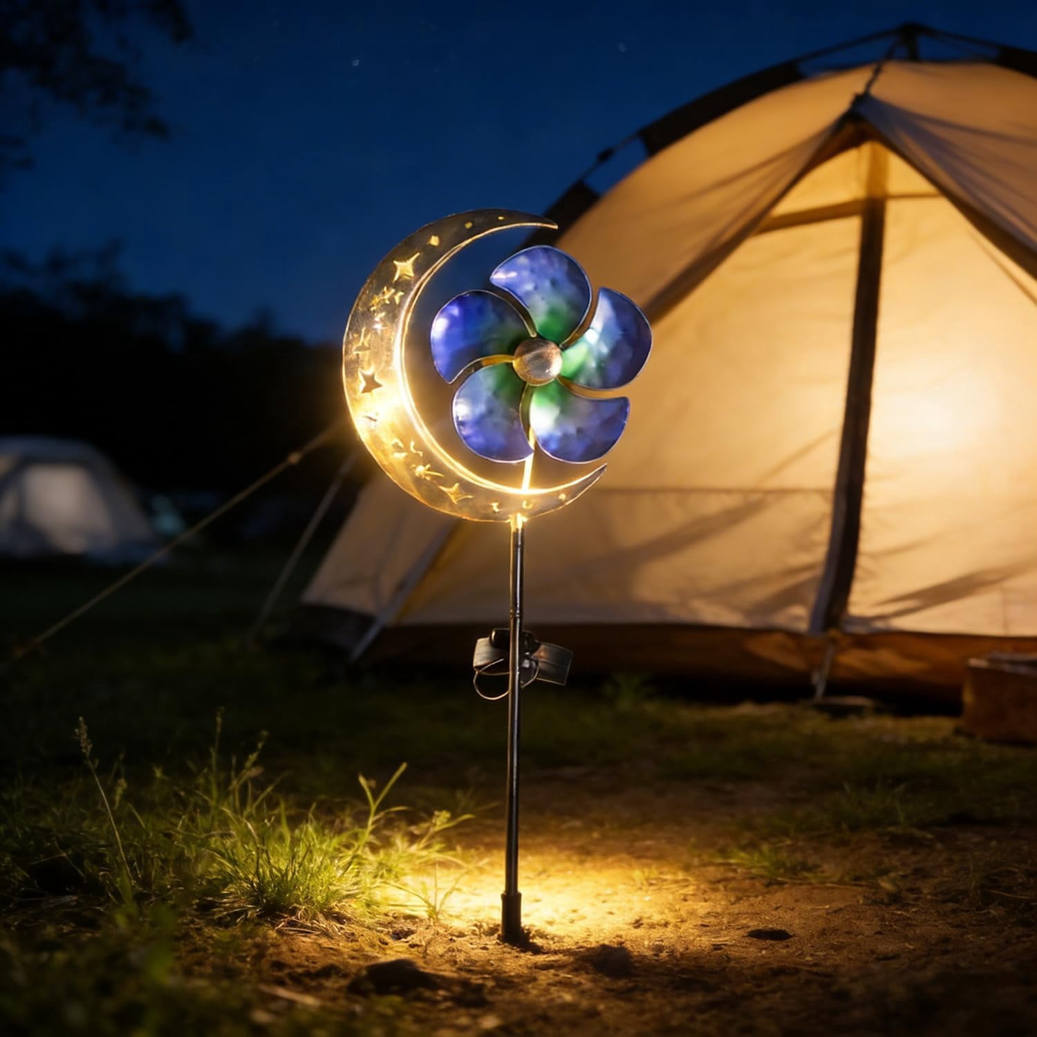 Solar Moon Windmill Garden Lights, Waterproof LED Glass Ball Landscape Lamp, Metal Stake Decorative Lighting for Yard Patio Lawn Pathway Outdoor Ornament