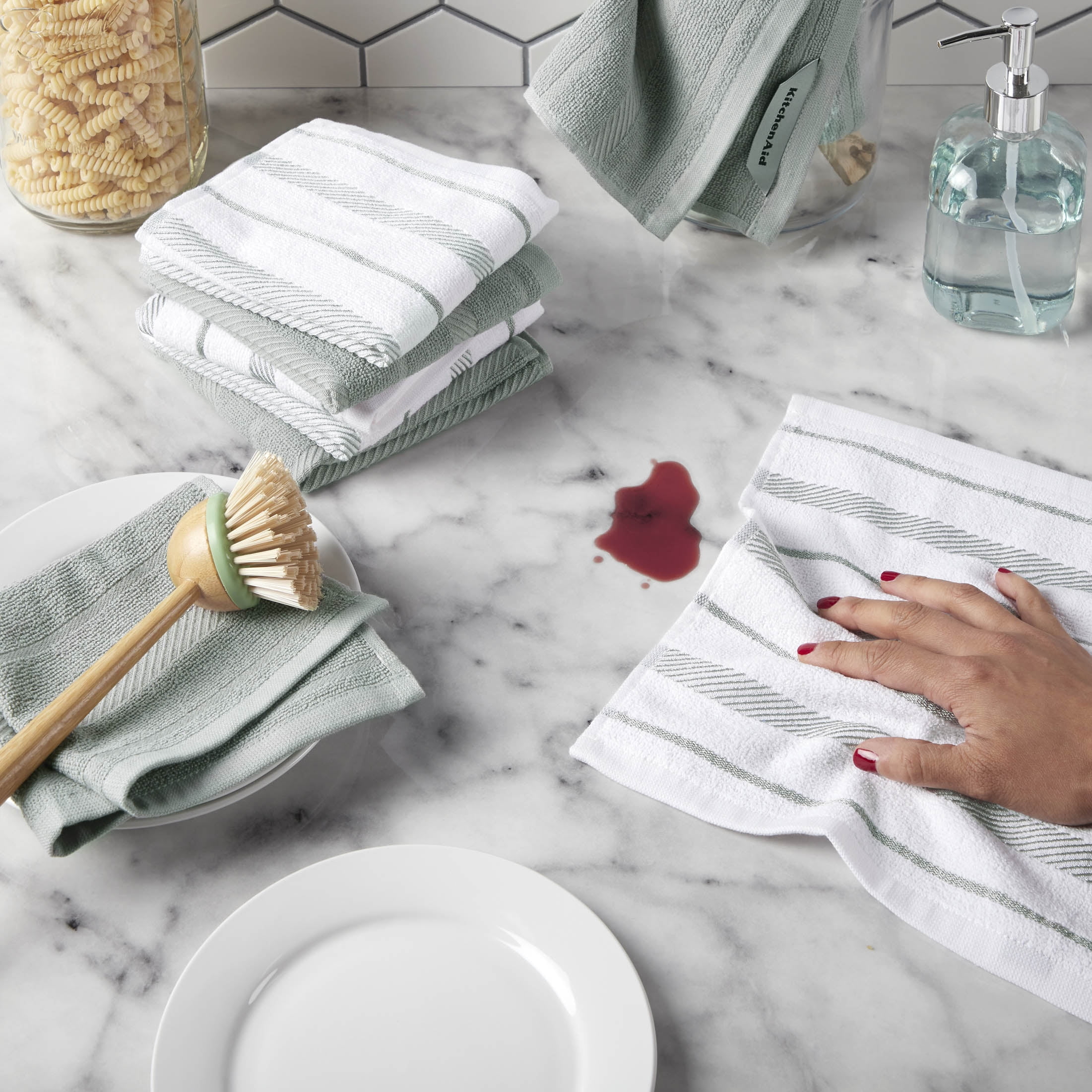 KitchenAid Albany Dishcloth 8 Pack Set, Matte Grey/White, 12\"x12\"