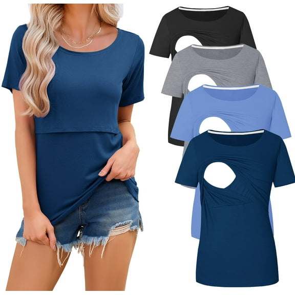 Maternity Nursing Tops Clothes for Women Ribbed Breastfeeding Shirts Clothes 4-Pack