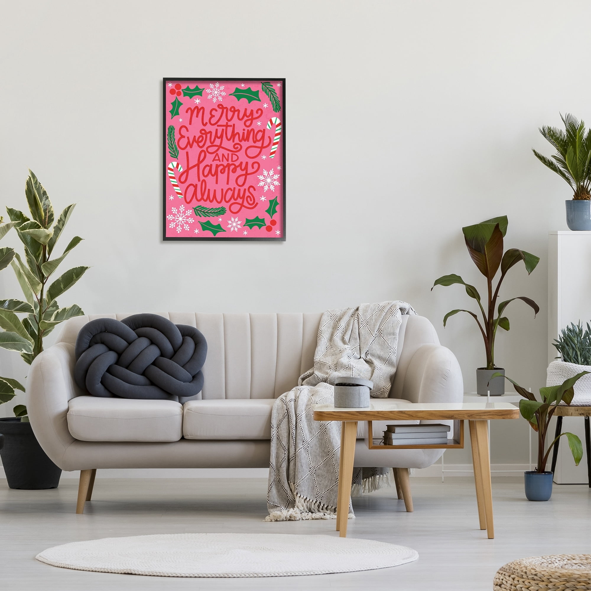 Stupell Industries Merry Everything and Happy Always Phrase Candy Cane Inspirational Painting Black Framed Art Print Wall Art, 24 x 30