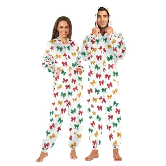 Adult Christmas Onesie Christmas Tree Bow Zipper One-Piece Pajamas Unisex with Pockets