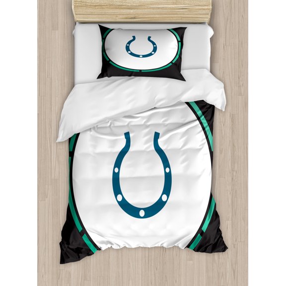 Rodeo Duvet Cover Set Twin Size, Horseshoe in a Circle Frame Wild West Luck Illustration Print, Decorative 2 Piece Bedding Set with 1 Pillow Sham, Charcoal Grey Sea Green White Blue, by Ambesonne