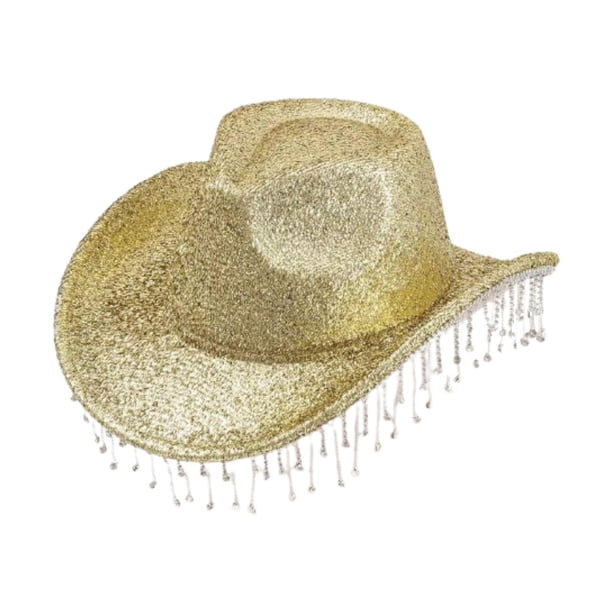 Sombrero de vaquero para mujer con borlas de diamantes de imitación, ideal para festivales de música y playa. Oro