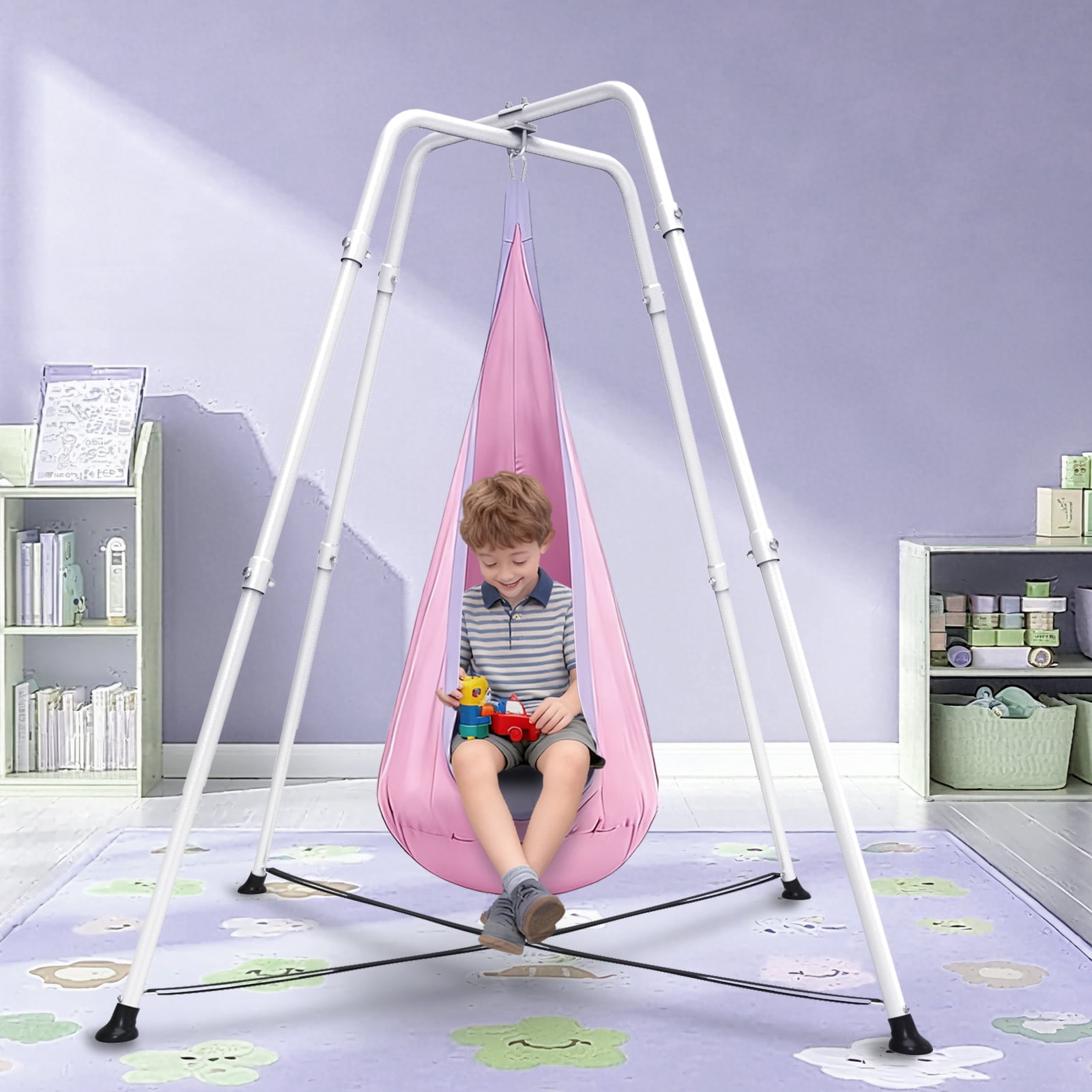 G TALECO GEAR Sensory Swing with Stand, Swing Frame with Pod Swing, Hammock Chair with Stand for Adults Outdoor, X-Shaped Swing Set for Backyard, Indoor Swing for Kids 330LBS, Pink&White