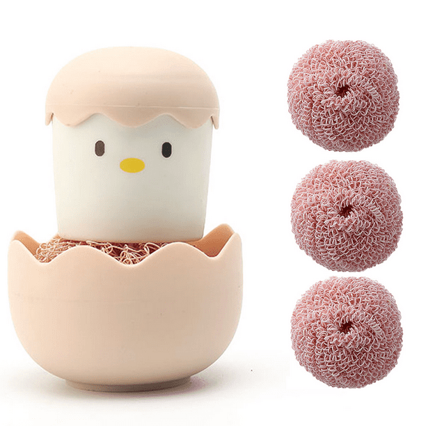 Cepillo de cocina Forma de huevo de pollo Dibujos animados lindo Nano Bola de limpieza Cocina Durable Cepillo de lavado de ollas, Olla doméstica y Cepillo de limpieza de cuencos con mango Ormromra CPB-DE-WX402-1