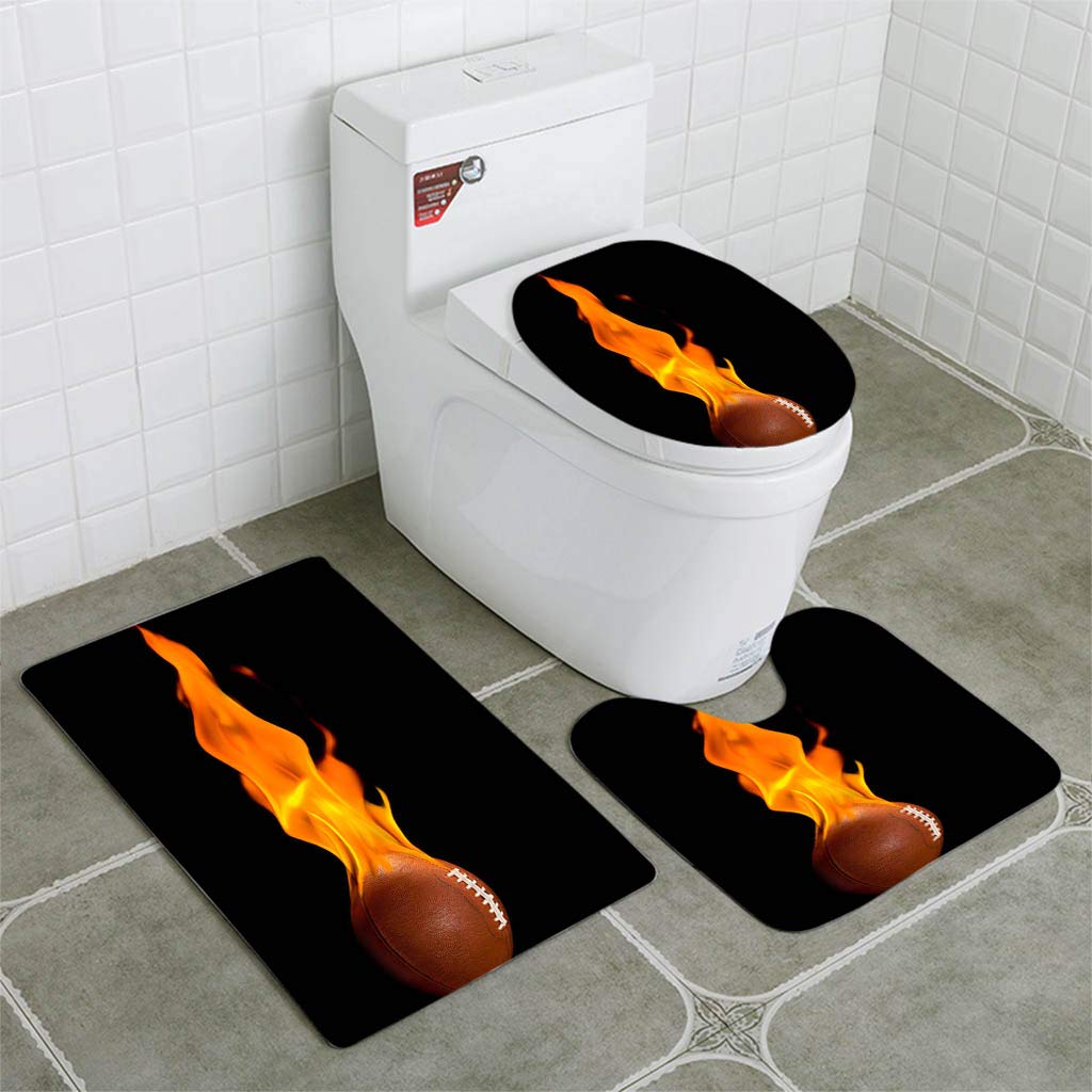 PUDMAD Flaming American Football 3 Piece Bathroom Rugs Set Bath Rug Contour Mat and Toilet Lid Cover