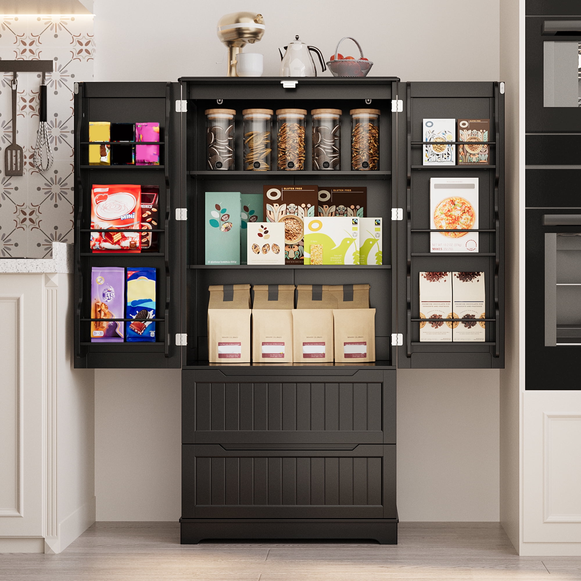 Pantry Cabinet, Lofka 63" Kitchen Pantry Storage Cabinet with Magnetic Doors and 9 Shelves, Black