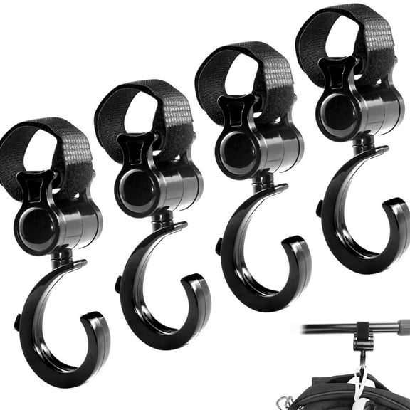Stroller Hooks for Hanging Diaper Bags, Heavy Duty Hooks for Diaper Bags, Shopping Bags, Stroller Accessories Organizer Hook, 360° Rotatable, Pack of 4