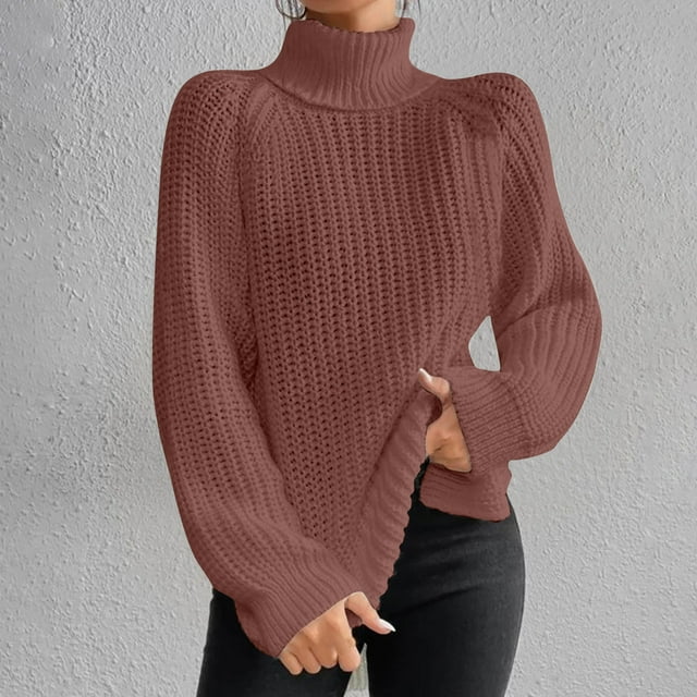 CFLVAEK Turtleneck Sweaters for Women Plus Sizes Cable Knit Pullover Tops Casual Long Sleeve Pullover Tops Solid Color Soft Fall Sweaters Brown L