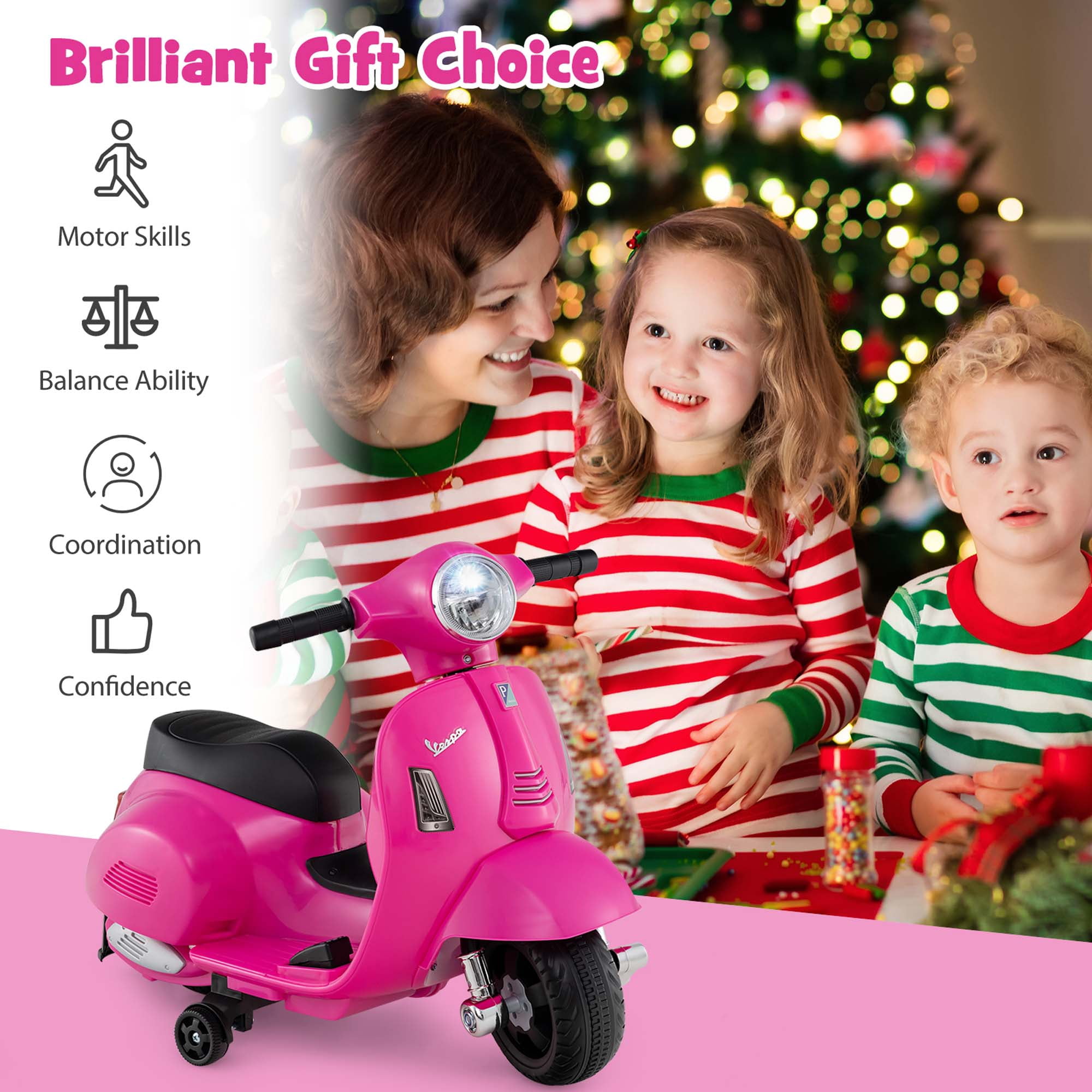 Costway Kids Ride on Motorcycle with Training Wheels Headlight Horn 6V Battery Pink