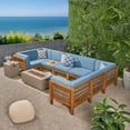 thumbnail image 2 of GDF Studio Cascada Outdoor Acacia Wood 8 Seater Sectional Sofa Set with Fire Pit, Teak, Blue, and Light Gray, 2 of 13
