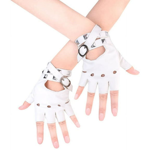 Women PU Leather Punk Gloves Rivets Belt Up or Snap Half Finger Performance Mittens