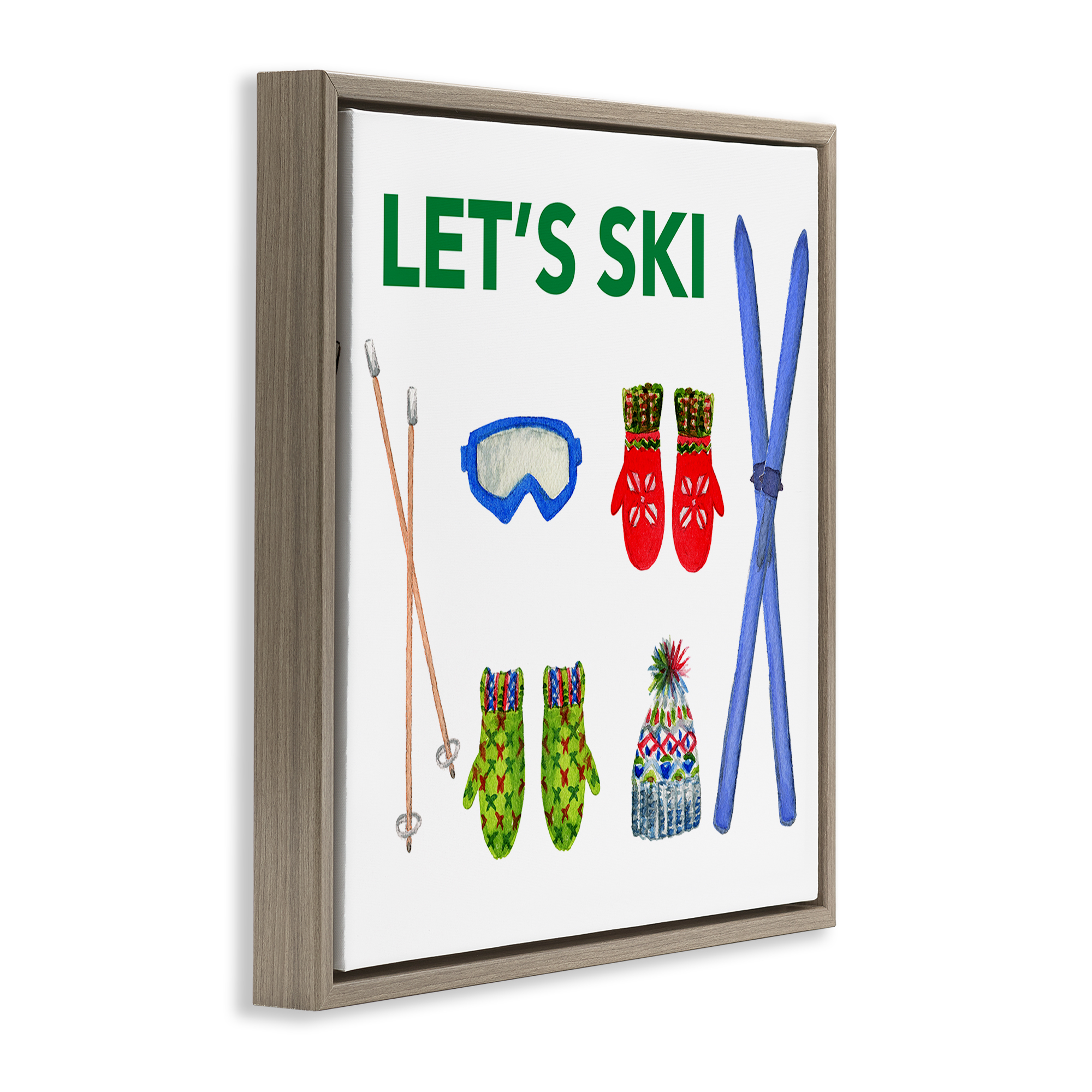 Stupell Industries Let's Ski on White Sports Painting Brown Floater Framed Canvas Art Prints Wall Art, 18 x 18