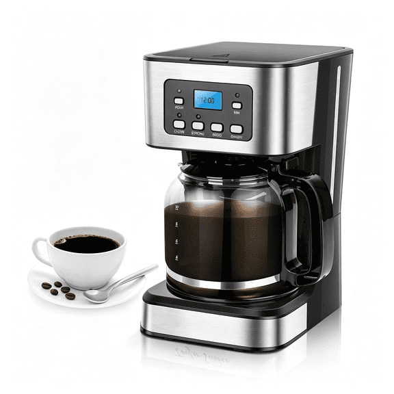 HIBIBUD 12-Cup Programmable Coffee Maker, Regular & Strong Brew Drip Coffee Machine for Home and Office, Glass Carafe, Pause & Serve, Auto Shut Off, Black & Stainless Steel