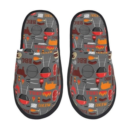 

Qekee BBQ Icons print Slippers for Women and Men Fluffy Cute Cozy House Slipper Funny Furry Bedroom Slippers for Women Indoor -Medium