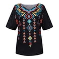thumbnail image 4 of Blusa étnica con estampado geométrico y cuello en V de manga corta occidental Retro informal para mujer Pompotops hkajfhjk458555, 4 of 8