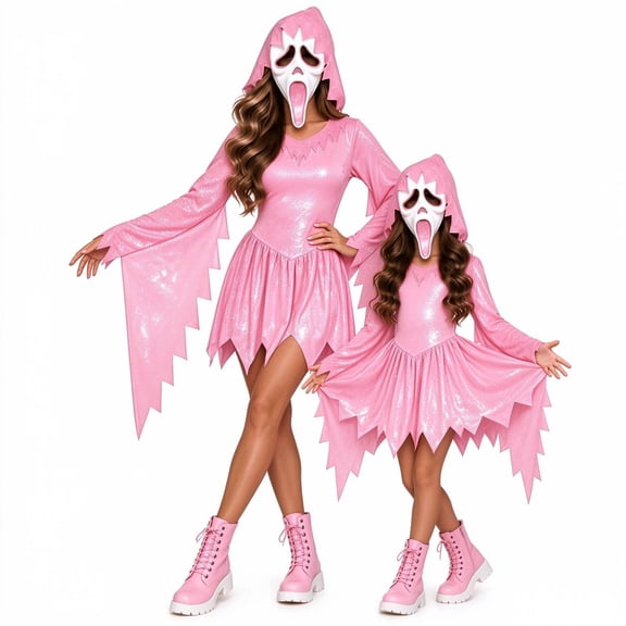 Pink Ghost Horror Girls Halloween Ghost Costume, Pink Hooded Screaming Dress with Mask, Spooky Halloween Cosplay Outfit, Halloween Trick or Treat Role Play Party Dress Up