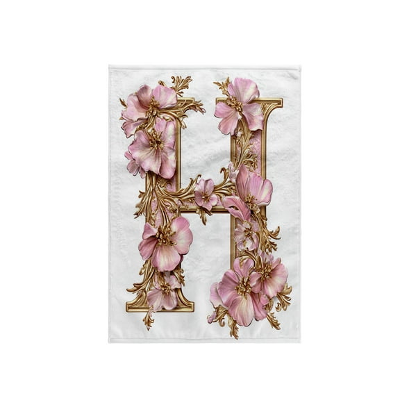 3dRose, Pink and Image Of Gold Floral Monogram Initial H, 15x22 Hand Towel