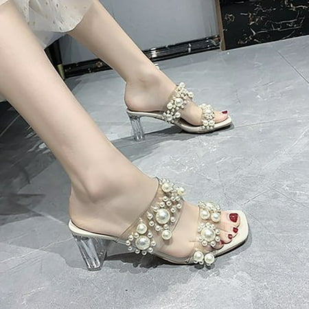 

Fidelma Women s sandals Women Square Heel Pearl Hundred With Sexy Temperament Pearl Transparent Sandals Beige-42