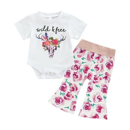 

Nokiwiqis Baby Girl 2PCS Set Romper Floral Elastic Waist Flared Pants
