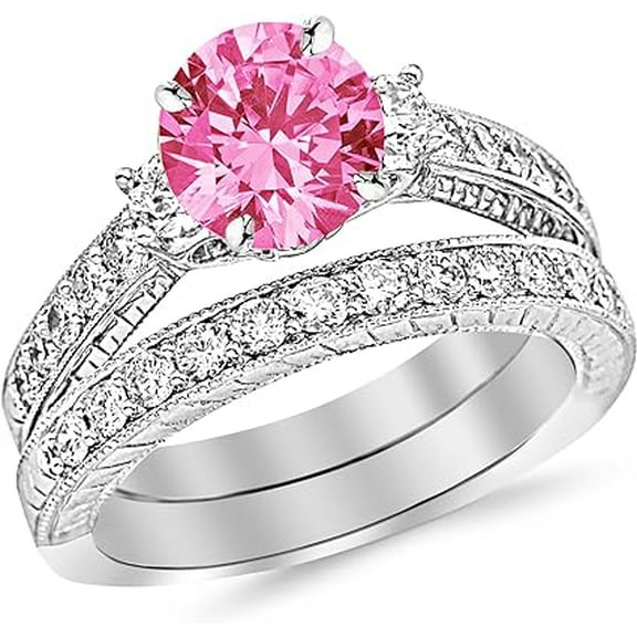 Divine Creation 925 Sterling Silver 1.70 Ct Round Cut Pink Sapphire & Diamond Engagement Wedding Bridal Ring Set 14K White Gold Plated For Women's -5