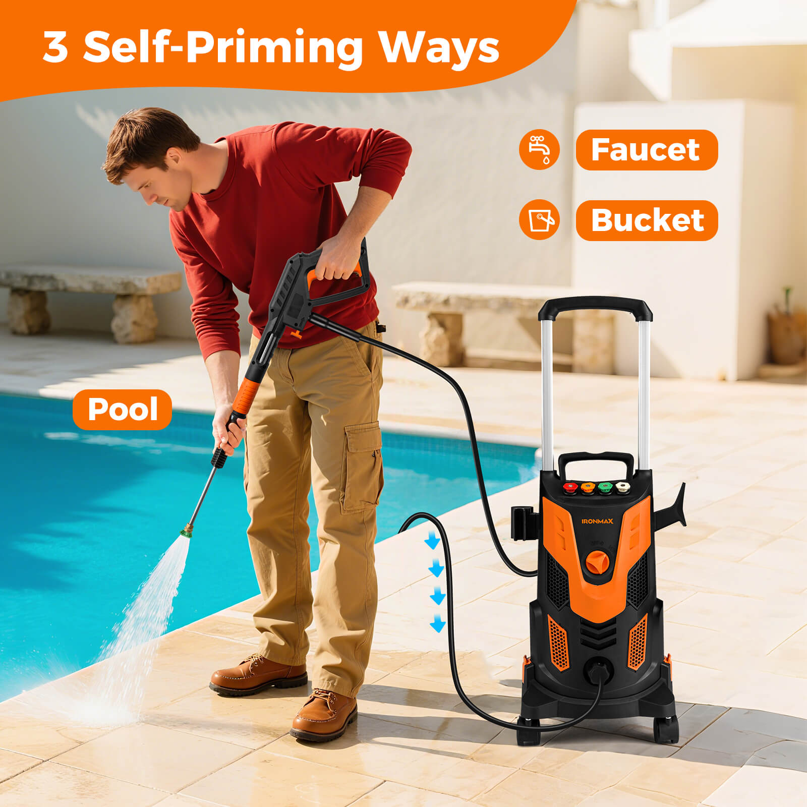 Ironmax Electric Pressure Washer with 4 Nozzles & Soap Bottle Lockable Wheels for Cleaning Orange