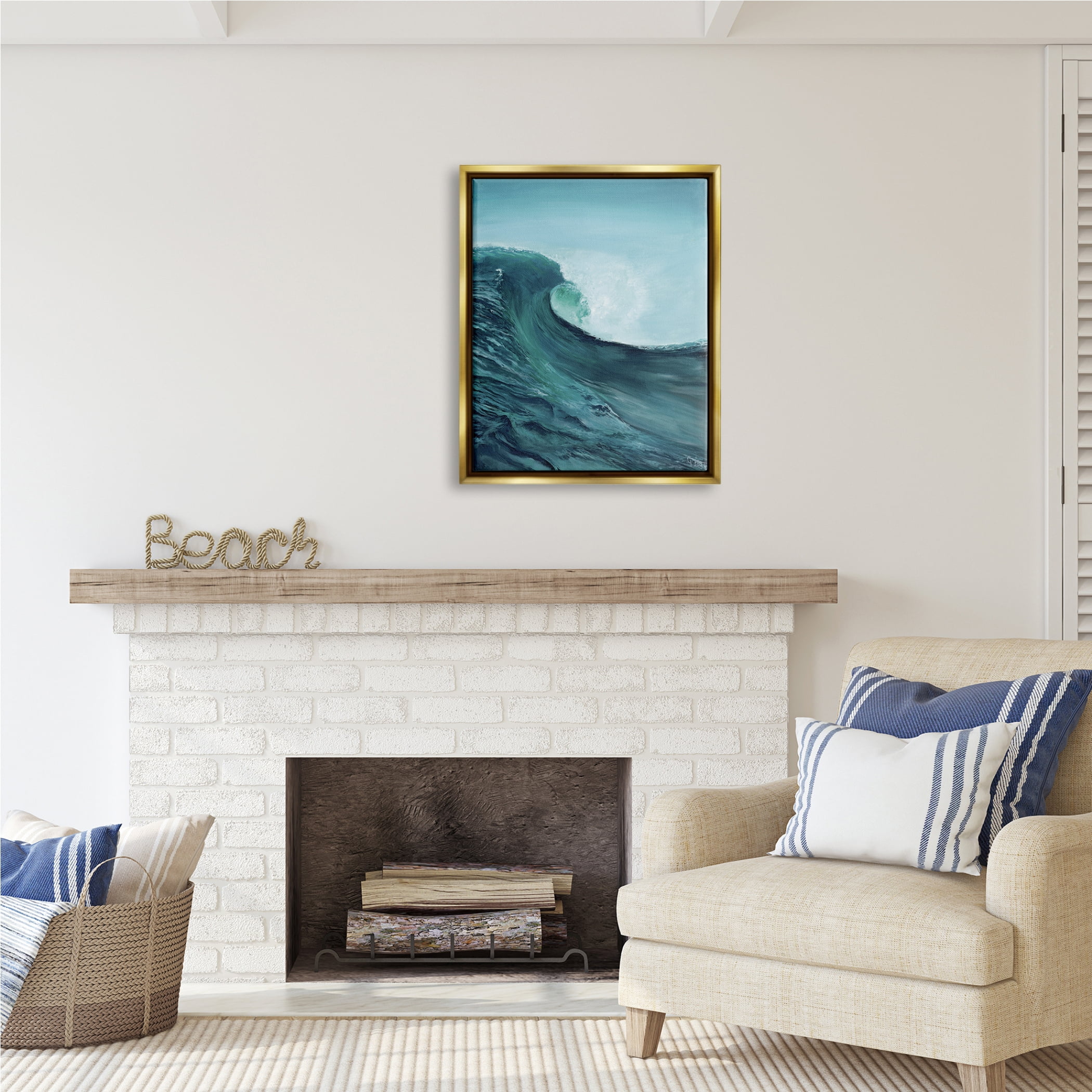 Stupell Industries Tsunami Wave Panting Nature Painting Gold Floater Framed Art Print Wall Art, 25 x 31