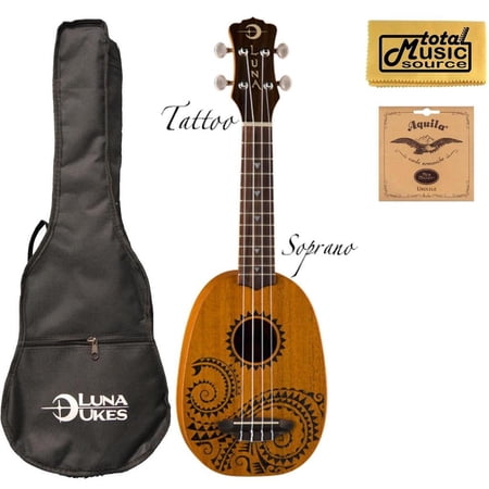 UKE TATTOO, Luna Pinapple 21' Mahogany Soprano Ukulele, Bag, EXTRA Strings, PC, UKE TATTOO PACK