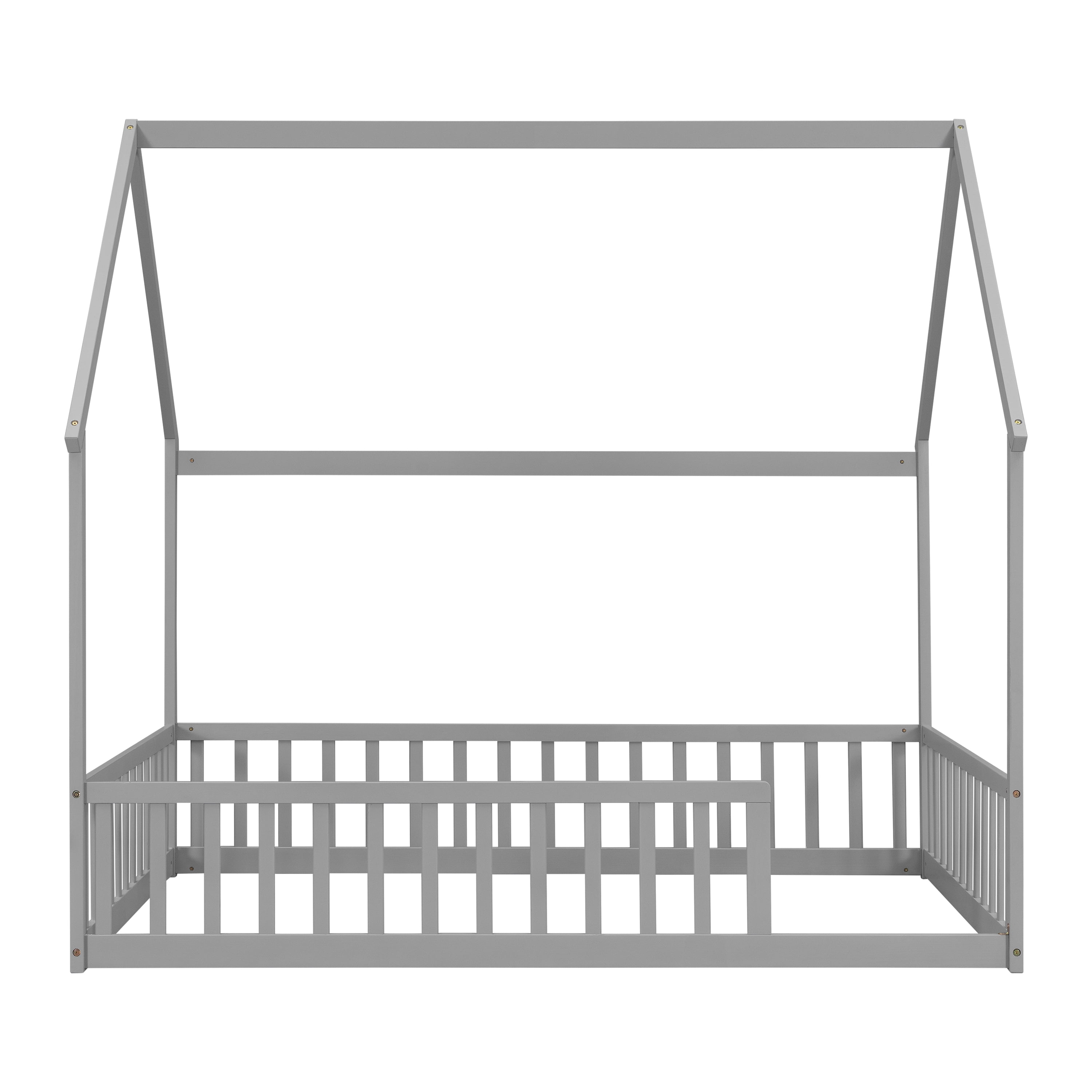 Full Size House Floor Bed with Full Surround Safety Fence, Solid Pine Wood Montessori Kids Playhouse Bed Frame Max 300 LBS No Box Spring Needed for Toddler Bedroom Nursery
