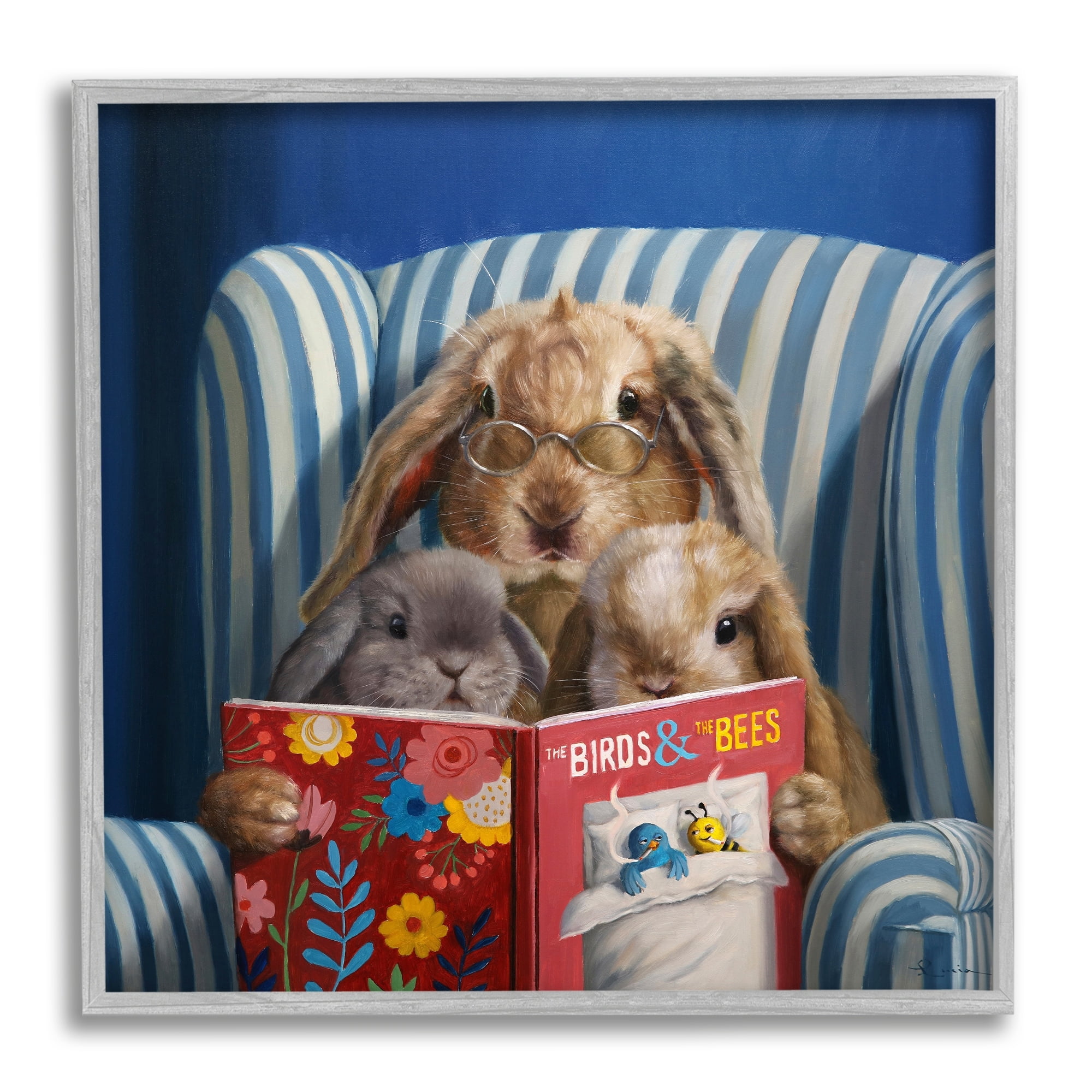 Stupell Industries Rabbit Family Reading Book Birds & Bees Armchair Framed Wall Art, 24 x 24, Design by Lucia Heffernan