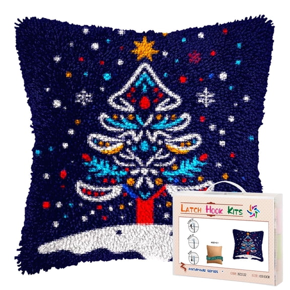 DIY Latch Hook Pillow Kits Merry Christmas Snowflake and Tree Printed Pillowcase Crochet Yarns Hooking Handmade Pillow Cover Cushion for Home Sofa Decoration 17x17inch-4
