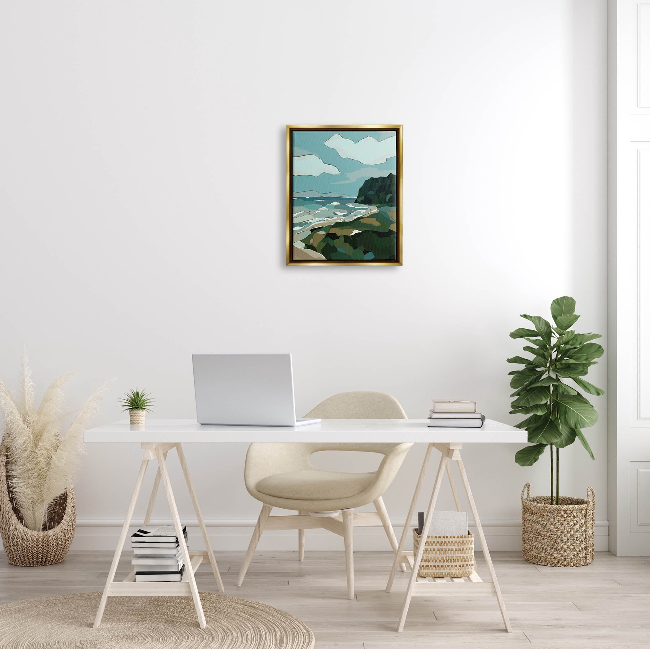 Stupell Industries Cloudy Blocked Beach Cliffs Landscape Graphic Art Metallic Gold Floating Framed Canvas Print Wall Art, Design by Nikita Jariwala