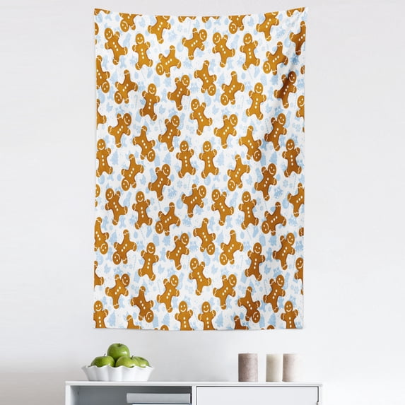 Gingerbread Man Tapestry, Traditional Christmas Cookie Pattern Tile, Fabric Wall Hanging Decor for Bedroom Living Room Dorm, 5 Sizes, Pale Caramel Pale Blue, by Ambesonne