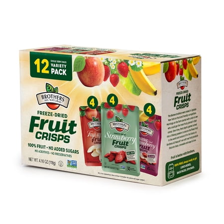 Brothers All Natural Freeze Dried Fruit Crisps, Variety Pack, 12 Single Serve Bags, Fuji Apple, Strawberry, Banana Strawberry, Made with 100% Fruit, Gluten Free, Soy Free, Vegan, Healthy Snack