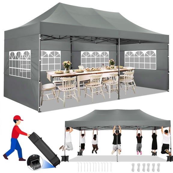 SANOPY 10x20 FT EZ Pop Up Canopy Anti-UV Waterproof Outdoor Tent Portable Party Commercial Instant Canopy Shelter Height Adjustable Tent Gazebo with 6 Removable Sidewalls, 4 Sandbags, Roller Bag