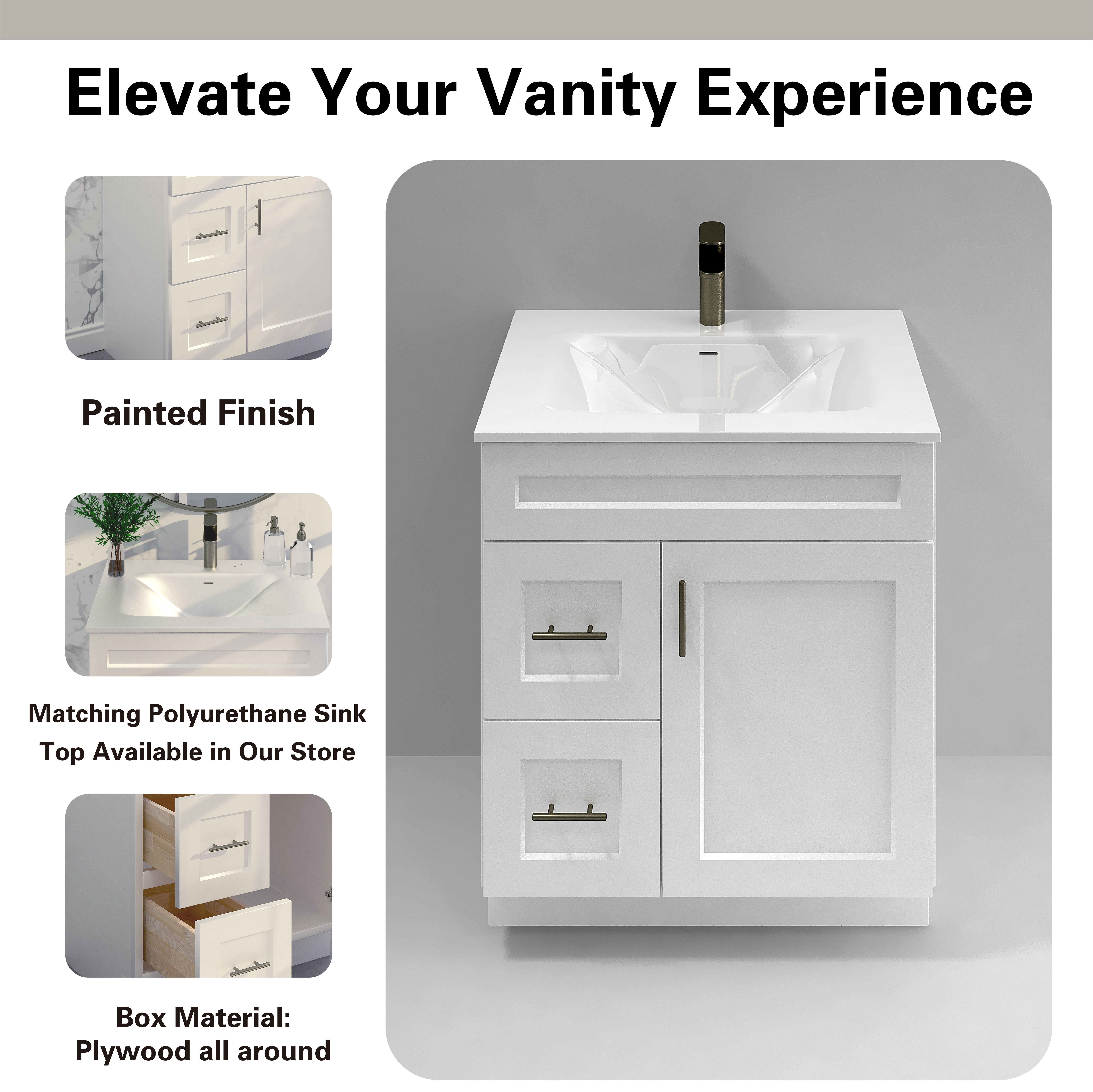 White Shaker Bathroom Vanity Sink Base with Drawers 30" Ready-to-Assemble Cabinet