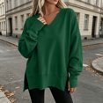 thumbnail image 2 of aohooy Side Split Sweatshirt for Women Fall Oversized Loose Pullover V Neck Long Sleeve Top for Travel School Going Out Daily Wear Army Green,L, 2 of 8