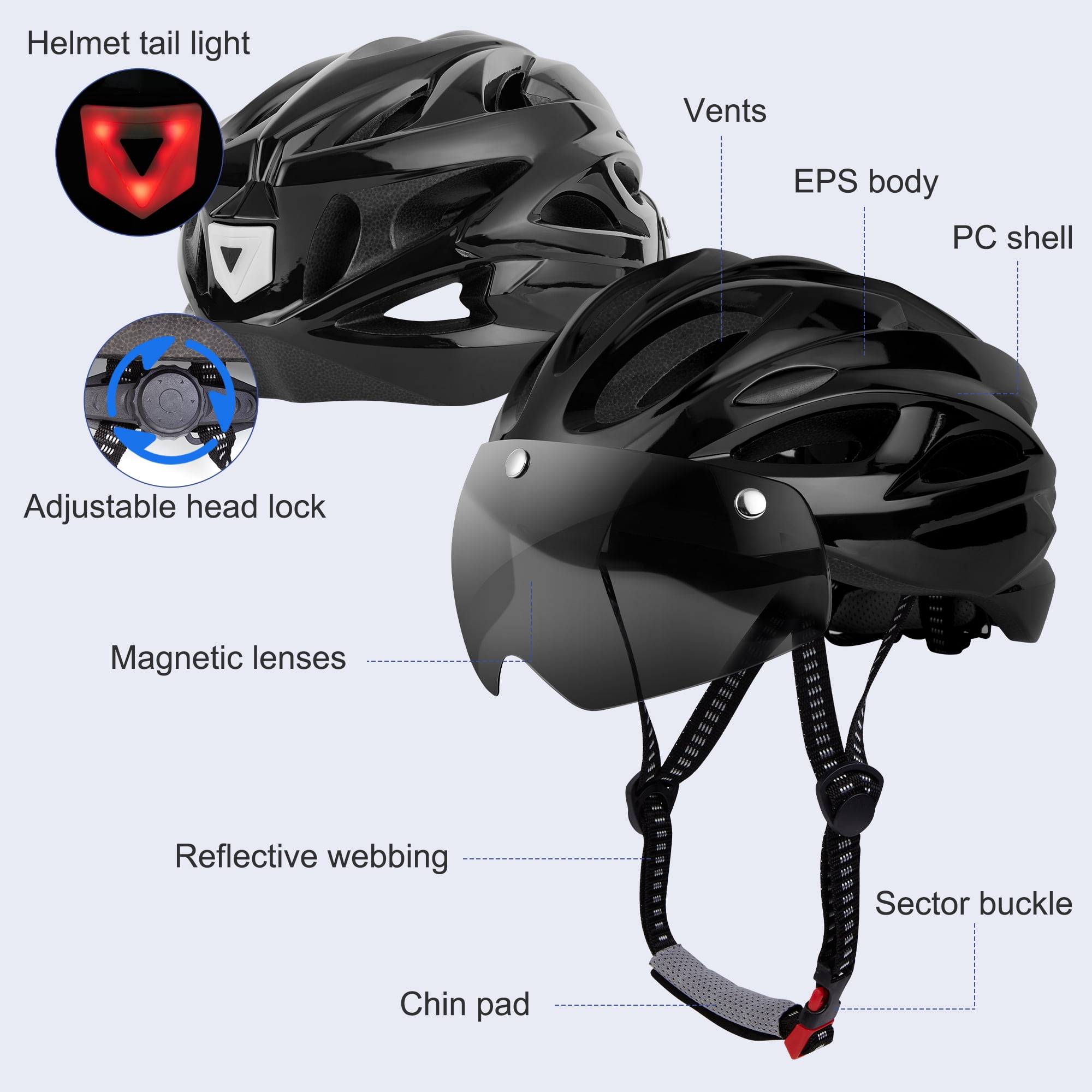 Uarter Lightweight Adult Bike Helmet, Adjustable Fit, Integrated Light, and Detachable Visor. Ideal for Mountain and Road Cycling, Fits Head Sizes 22-24 Inches