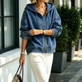 thumbnail image 6 of Women's Oversized Zip Hoodie Denim Jackets Casual Streetwear Long Sleeve Jean Tops Fall Winter Washed Coat Blue M, 6 of 6